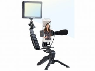 Kit de vlogging avec lampe LED, microphone, trépied et support pour smartphone (Reconditionné)
